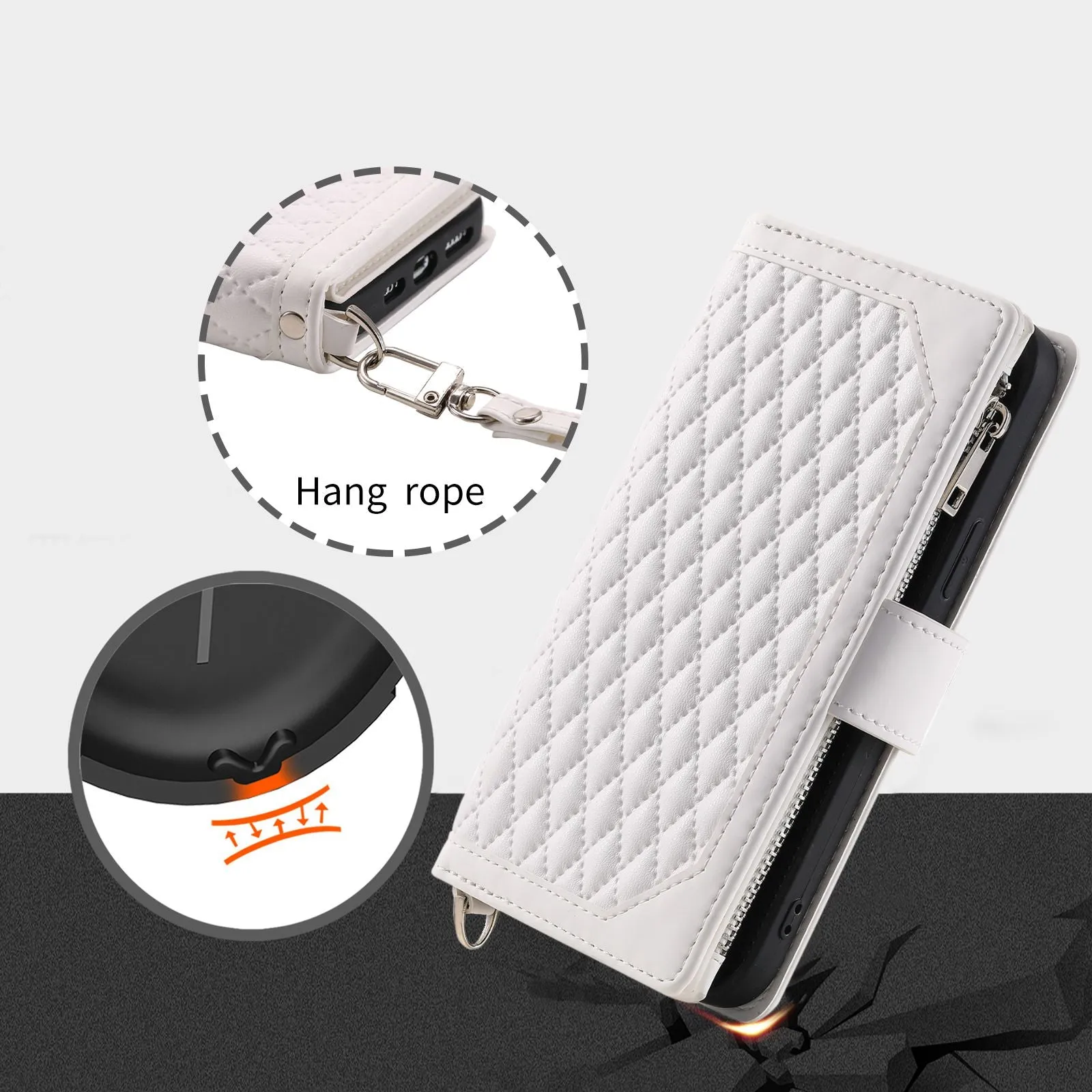 005 Style For iPhone 13 Pro Max 6.7 inch, Fall Protection Phone Case Zipper Pocket Rhombus Texture PU Leather Wallet Cover Stand with Strap Card Holder