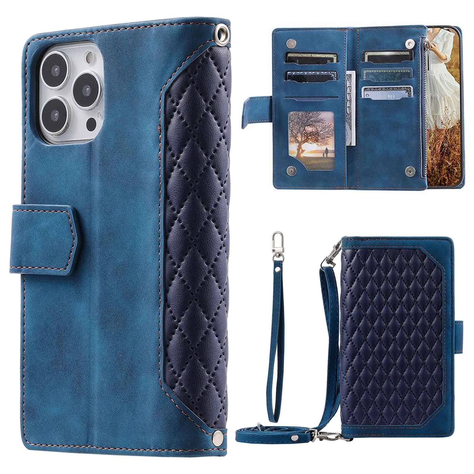 005 Style For iPhone 13 Pro Max 6.7 inch, Fall Protection Phone Case Zipper Pocket Rhombus Texture PU Leather Wallet Cover Stand with Strap Card Holder