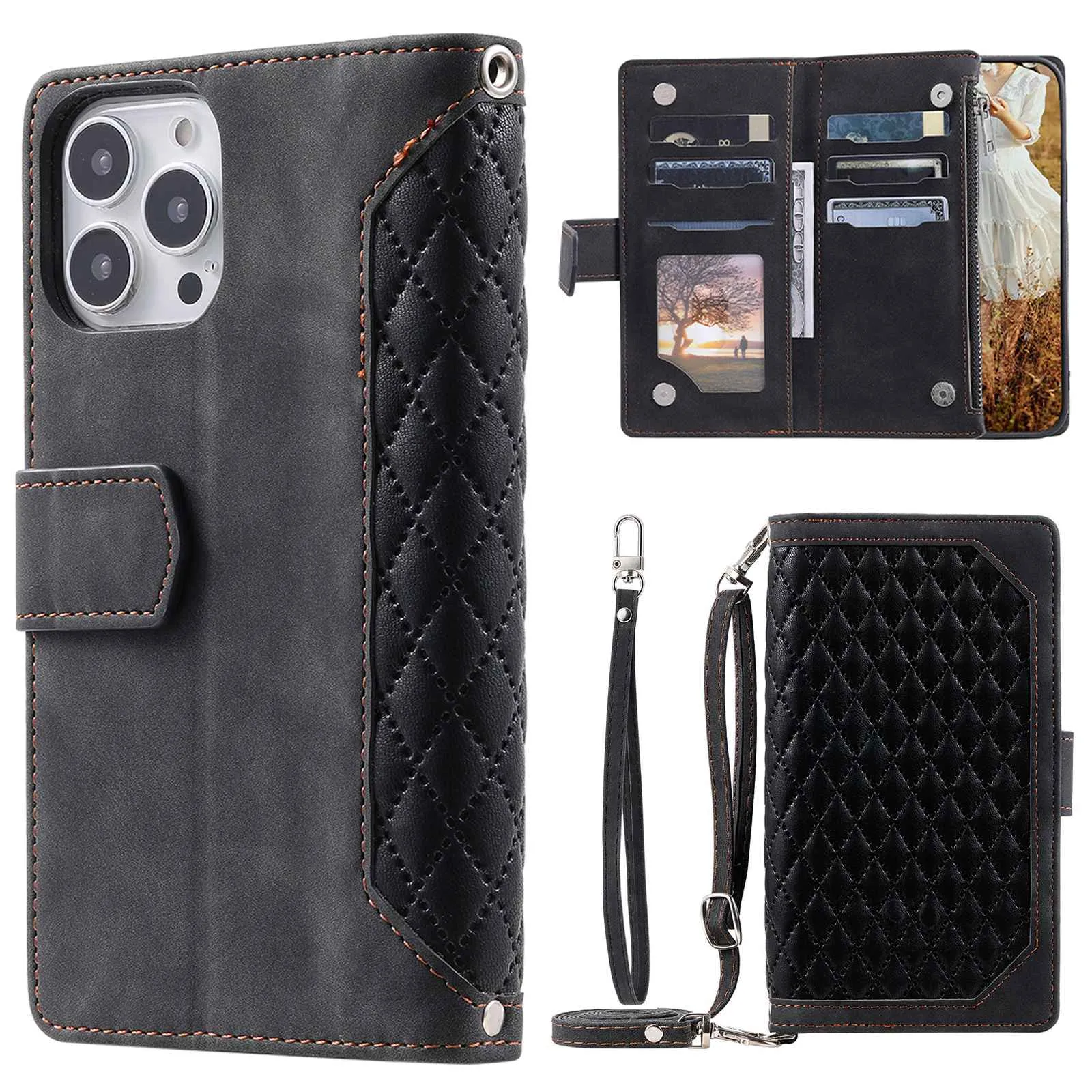 005 Style For iPhone 13 Pro Max 6.7 inch, Fall Protection Phone Case Zipper Pocket Rhombus Texture PU Leather Wallet Cover Stand with Strap Card Holder