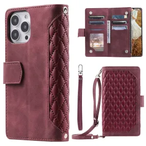 005 Style For iPhone 13 Pro Max 6.7 inch, Fall Protection Phone Case Zipper Pocket Rhombus Texture PU Leather Wallet Cover Stand with Strap Card Holder