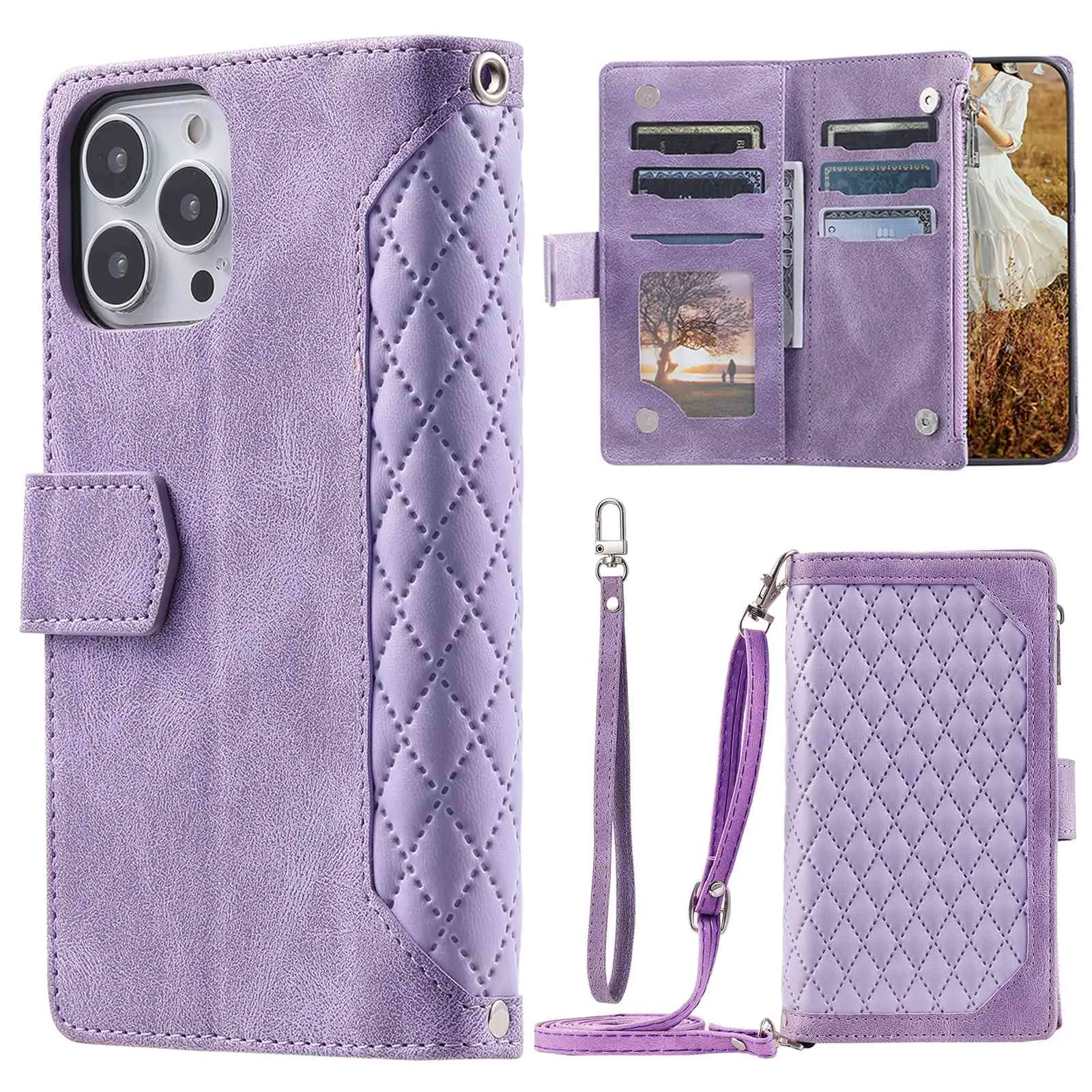 005 Style For iPhone 13 Pro Max 6.7 inch, Fall Protection Phone Case Zipper Pocket Rhombus Texture PU Leather Wallet Cover Stand with Strap Card Holder