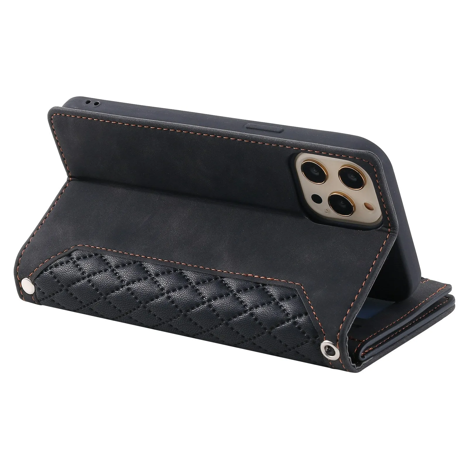 005 Style For iPhone 13 Pro Max 6.7 inch, Fall Protection Phone Case Zipper Pocket Rhombus Texture PU Leather Wallet Cover Stand with Strap Card Holder