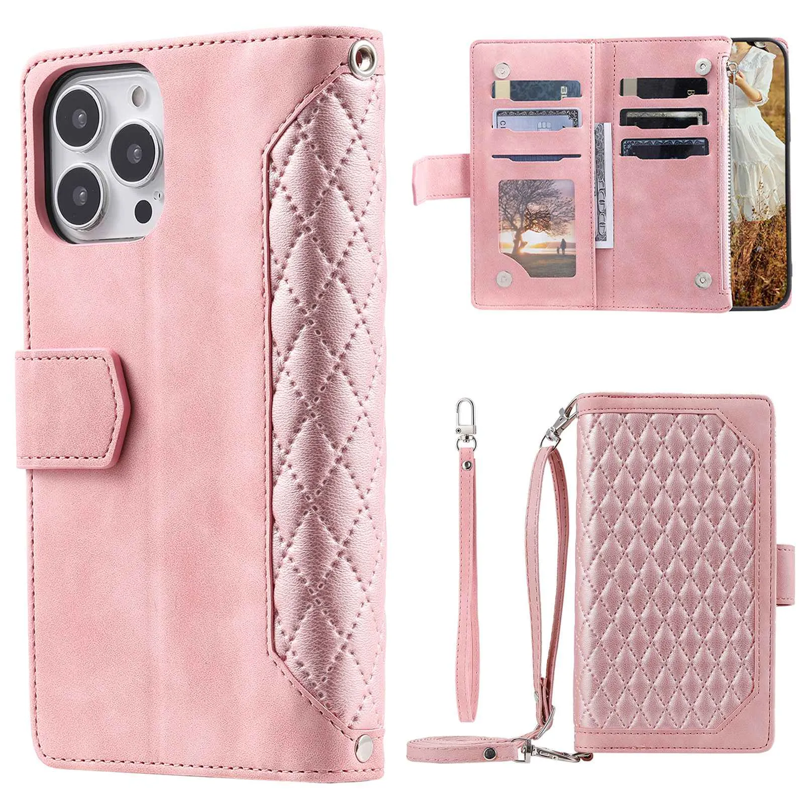 005 Style For iPhone 13 Pro Max 6.7 inch, Fall Protection Phone Case Zipper Pocket Rhombus Texture PU Leather Wallet Cover Stand with Strap Card Holder