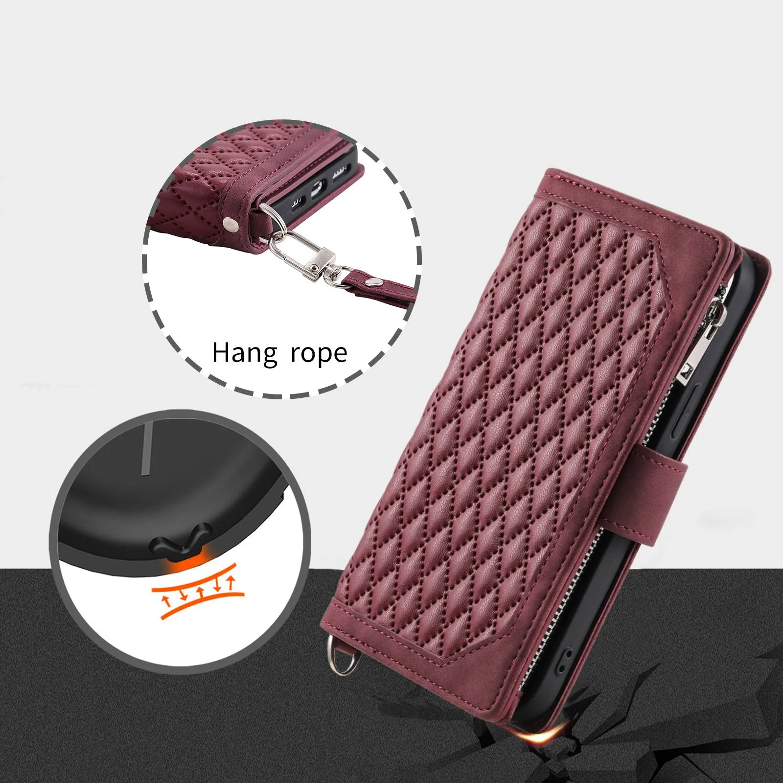 005 Style For iPhone 13 Pro Max 6.7 inch, Fall Protection Phone Case Zipper Pocket Rhombus Texture PU Leather Wallet Cover Stand with Strap Card Holder