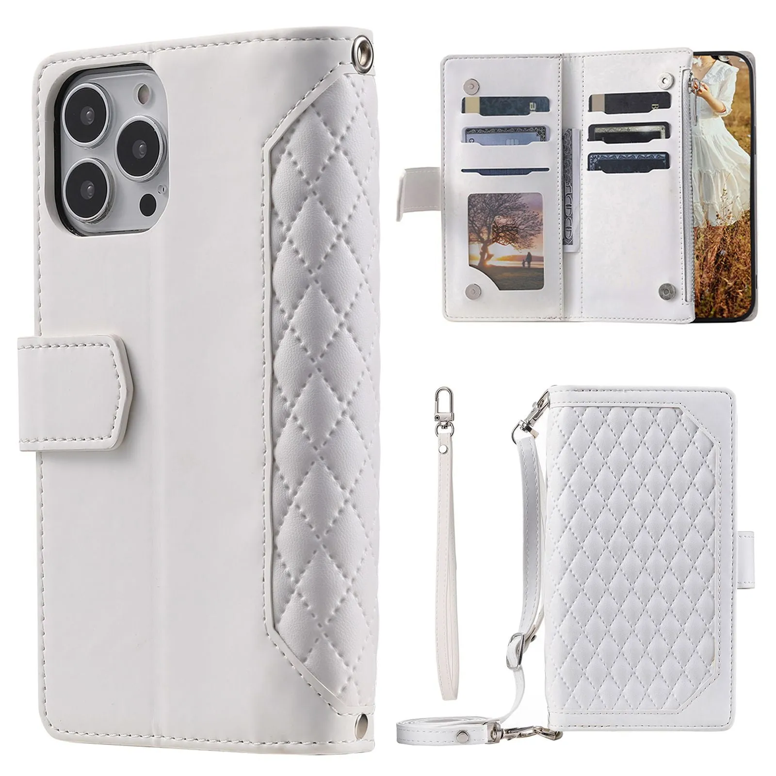 005 Style For iPhone 13 Pro Max 6.7 inch, Fall Protection Phone Case Zipper Pocket Rhombus Texture PU Leather Wallet Cover Stand with Strap Card Holder