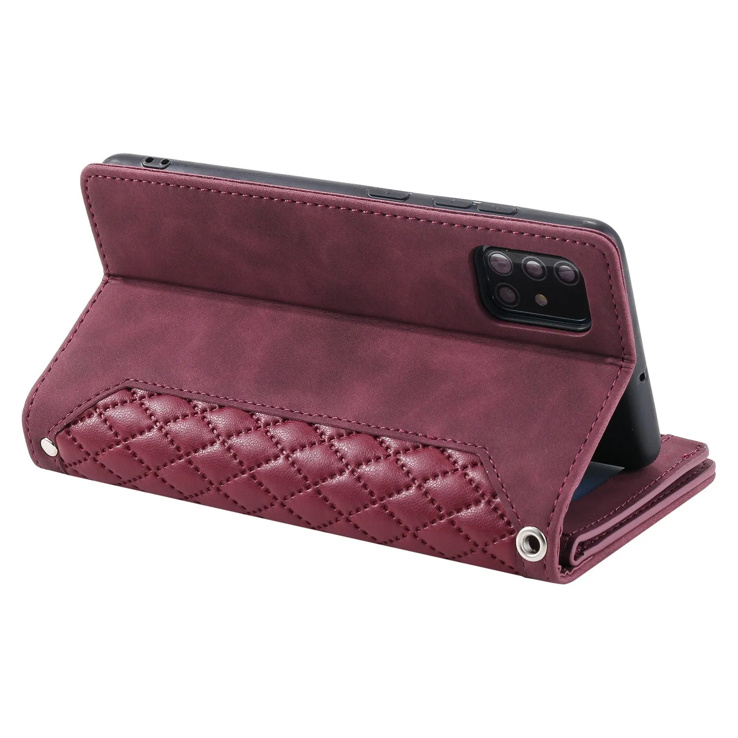 005 Style for Samsung Galaxy A51 4G SM-A515 Zipper Pocket Anti-scratch Phone Case Rhombus Texture PU Leather Stand Wallet Cover with Wrist Strap