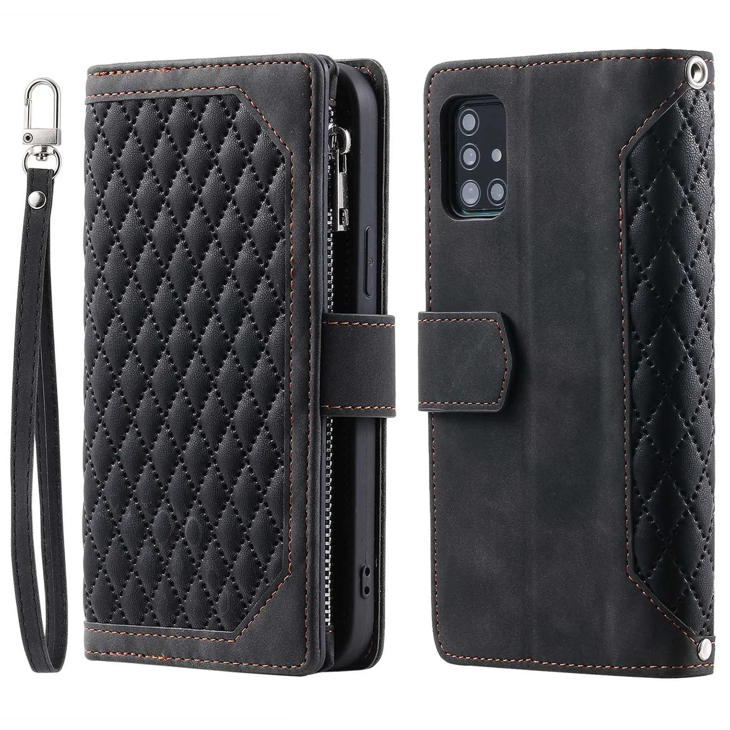 005 Style for Samsung Galaxy A51 4G SM-A515 Zipper Pocket Anti-scratch Phone Case Rhombus Texture PU Leather Stand Wallet Cover with Wrist Strap