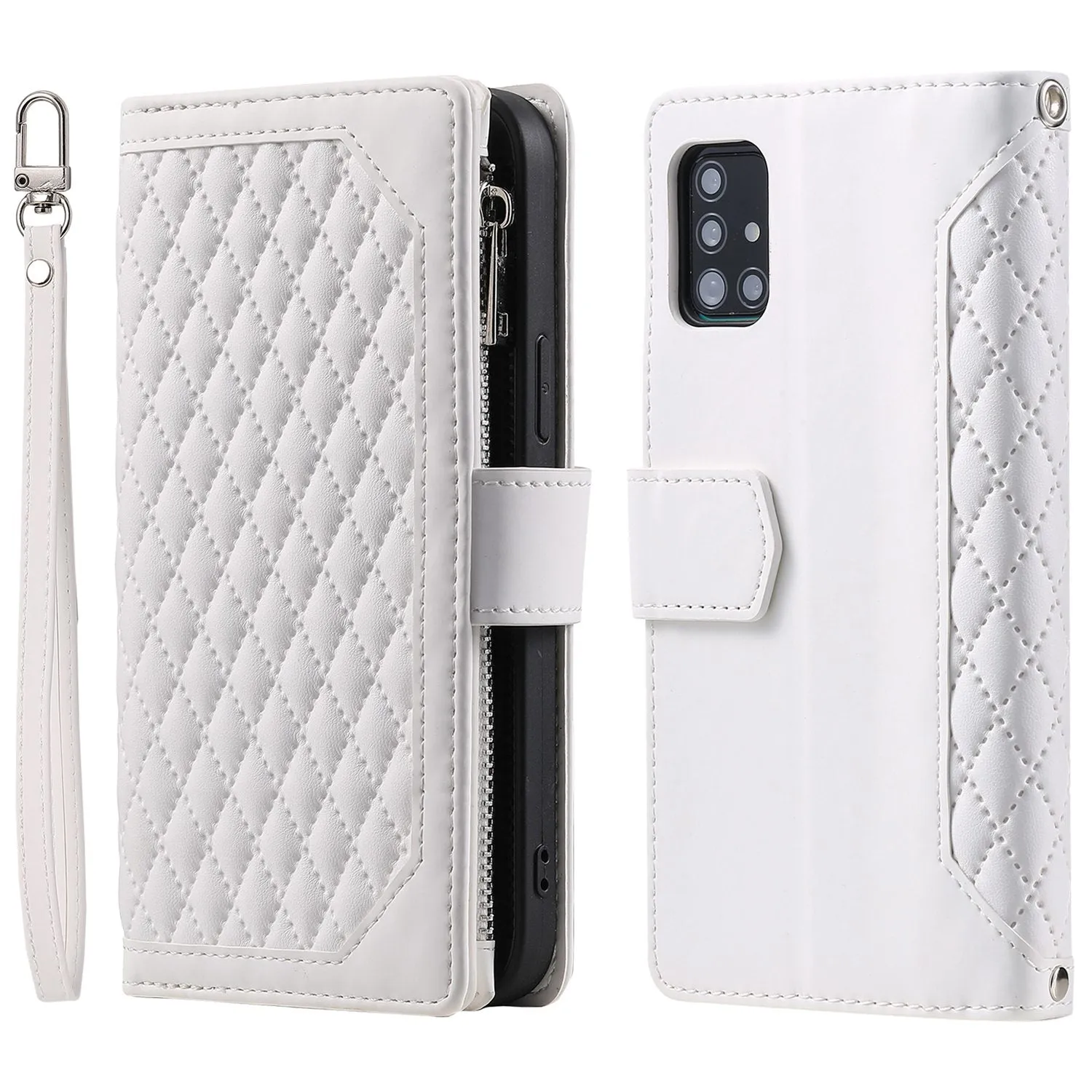 005 Style for Samsung Galaxy A51 4G SM-A515 Zipper Pocket Anti-scratch Phone Case Rhombus Texture PU Leather Stand Wallet Cover with Wrist Strap