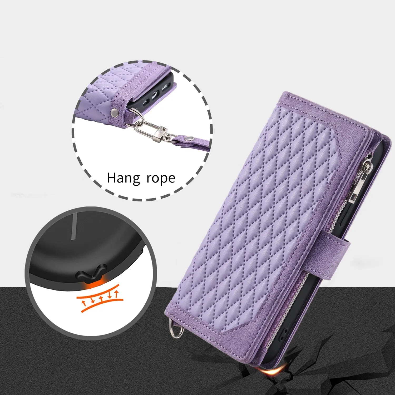 005 Style for Samsung Galaxy A51 4G SM-A515 Zipper Pocket Anti-scratch Phone Case Rhombus Texture PU Leather Stand Wallet Cover with Wrist Strap