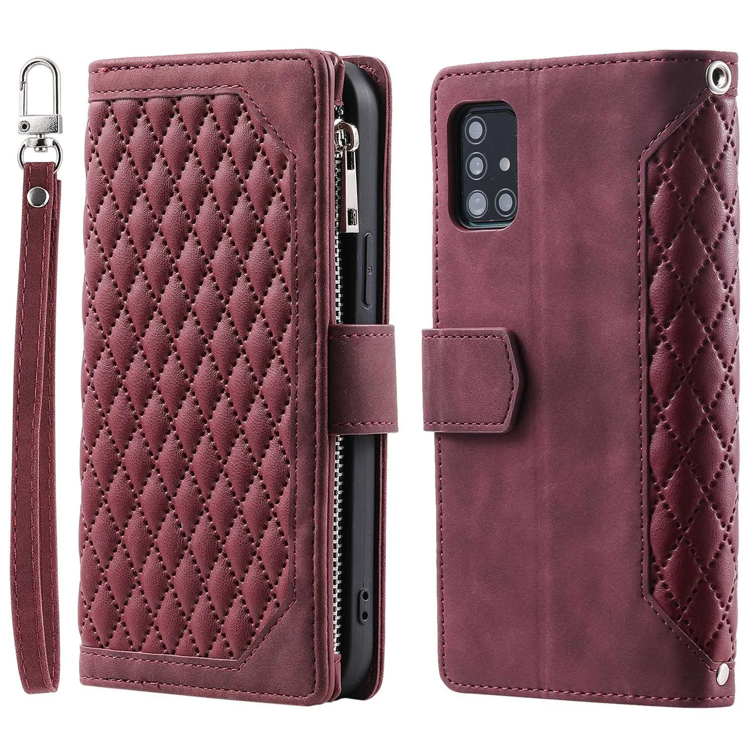 005 Style for Samsung Galaxy A51 4G SM-A515 Zipper Pocket Anti-scratch Phone Case Rhombus Texture PU Leather Stand Wallet Cover with Wrist Strap