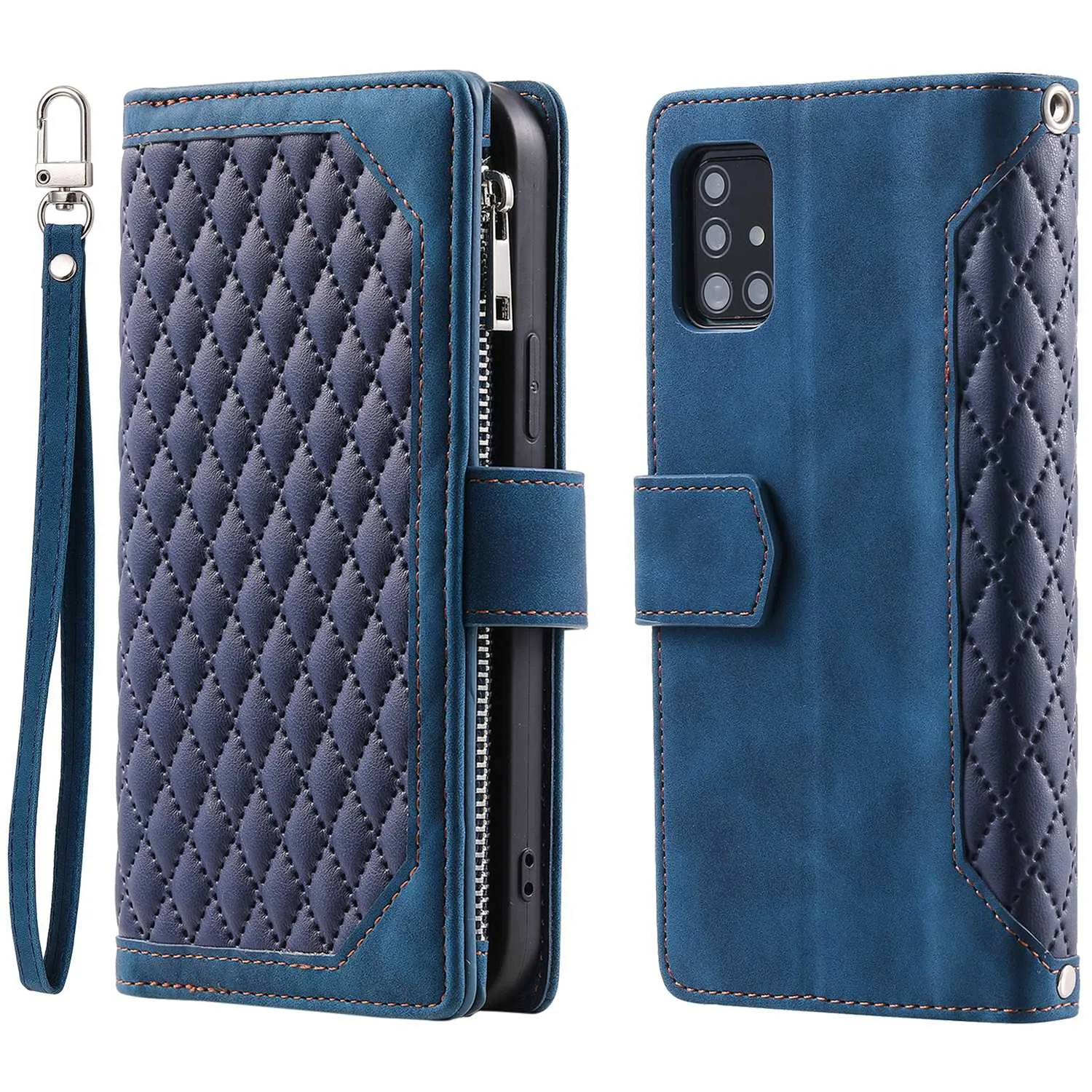 005 Style for Samsung Galaxy A51 4G SM-A515 Zipper Pocket Anti-scratch Phone Case Rhombus Texture PU Leather Stand Wallet Cover with Wrist Strap