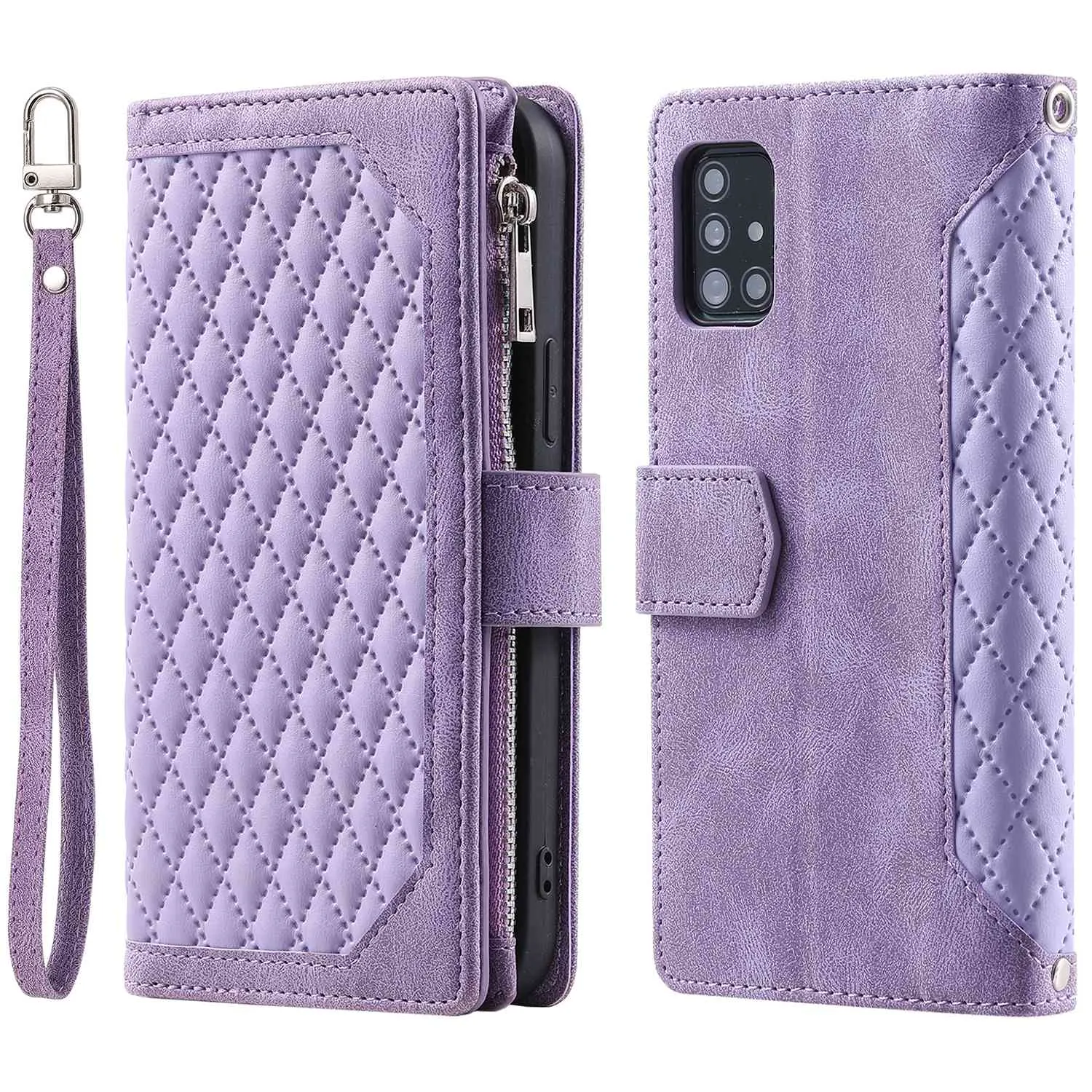 005 Style for Samsung Galaxy A51 4G SM-A515 Zipper Pocket Anti-scratch Phone Case Rhombus Texture PU Leather Stand Wallet Cover with Wrist Strap