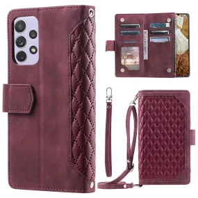 005 Style For Samsung Galaxy A52 4G / 5G / A52s 5G, Rhombus Texture PU Leather Stand Phone Case Zipper Pocket Wallet Style Shell with Strap