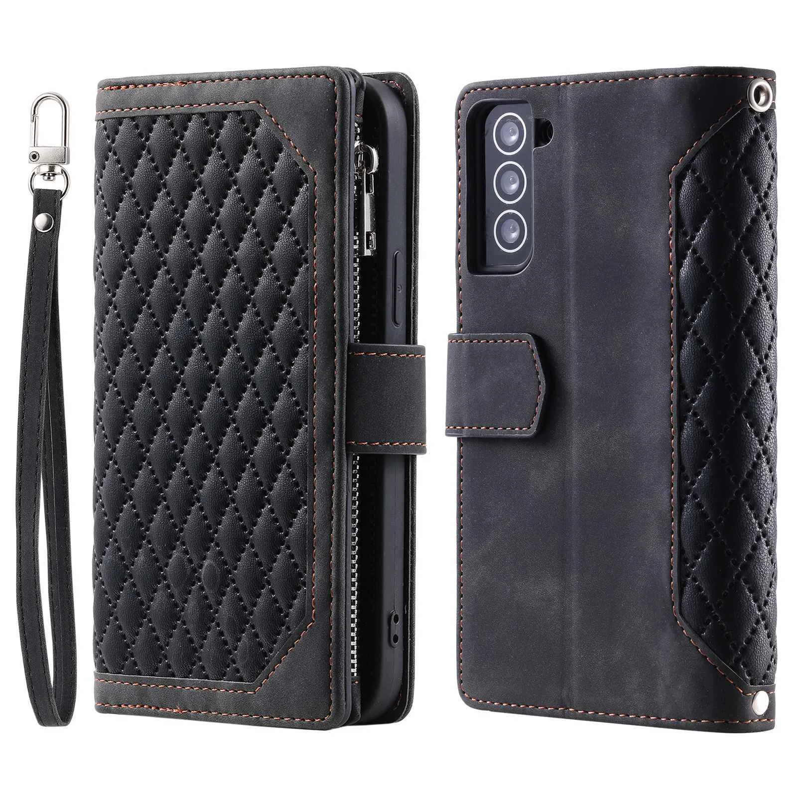 005 Style for Samsung Galaxy S22 5G Stylish Rhombus Texture PU Leather Phone Cover Zipper Pocket Card Cash Holder Shockproof Shell with Wrist Strap