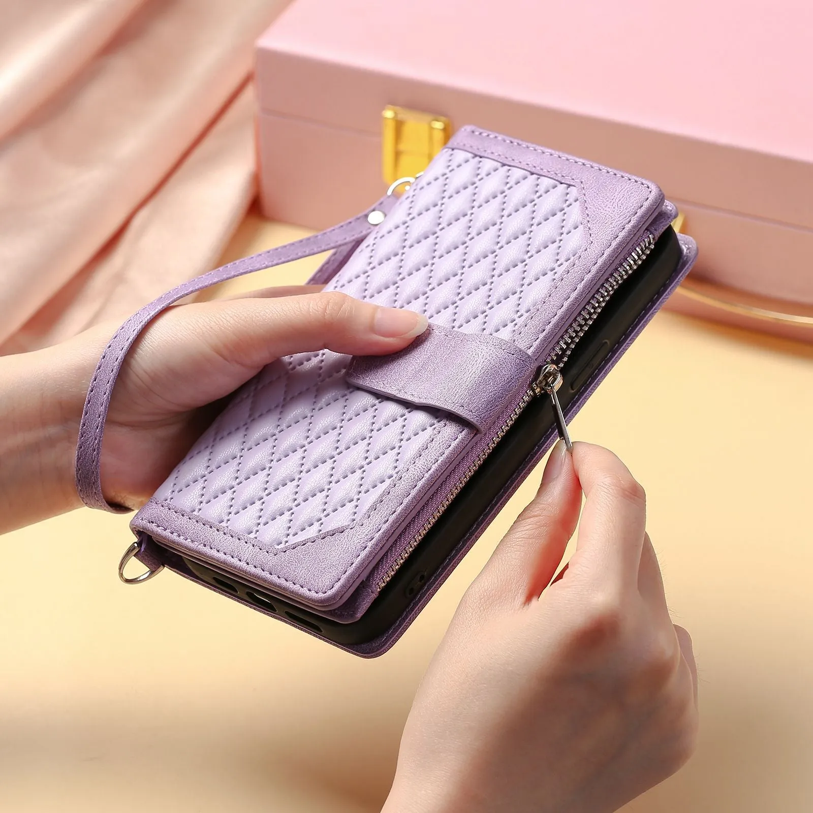 005 Style for Samsung Galaxy S22 5G Stylish Rhombus Texture PU Leather Phone Cover Zipper Pocket Card Cash Holder Shockproof Shell with Wrist Strap