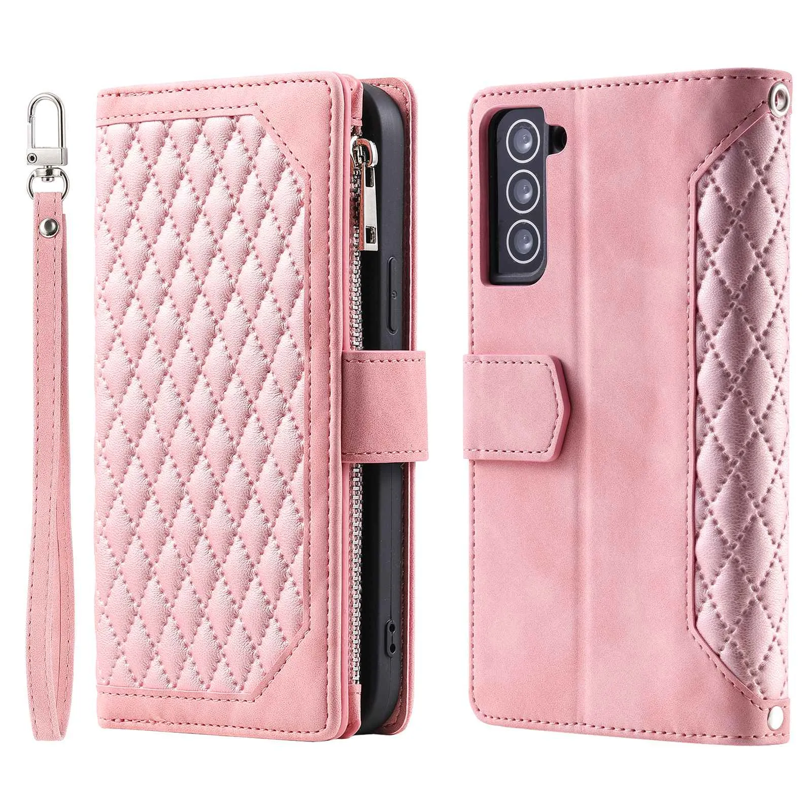 005 Style for Samsung Galaxy S22 5G Stylish Rhombus Texture PU Leather Phone Cover Zipper Pocket Card Cash Holder Shockproof Shell with Wrist Strap