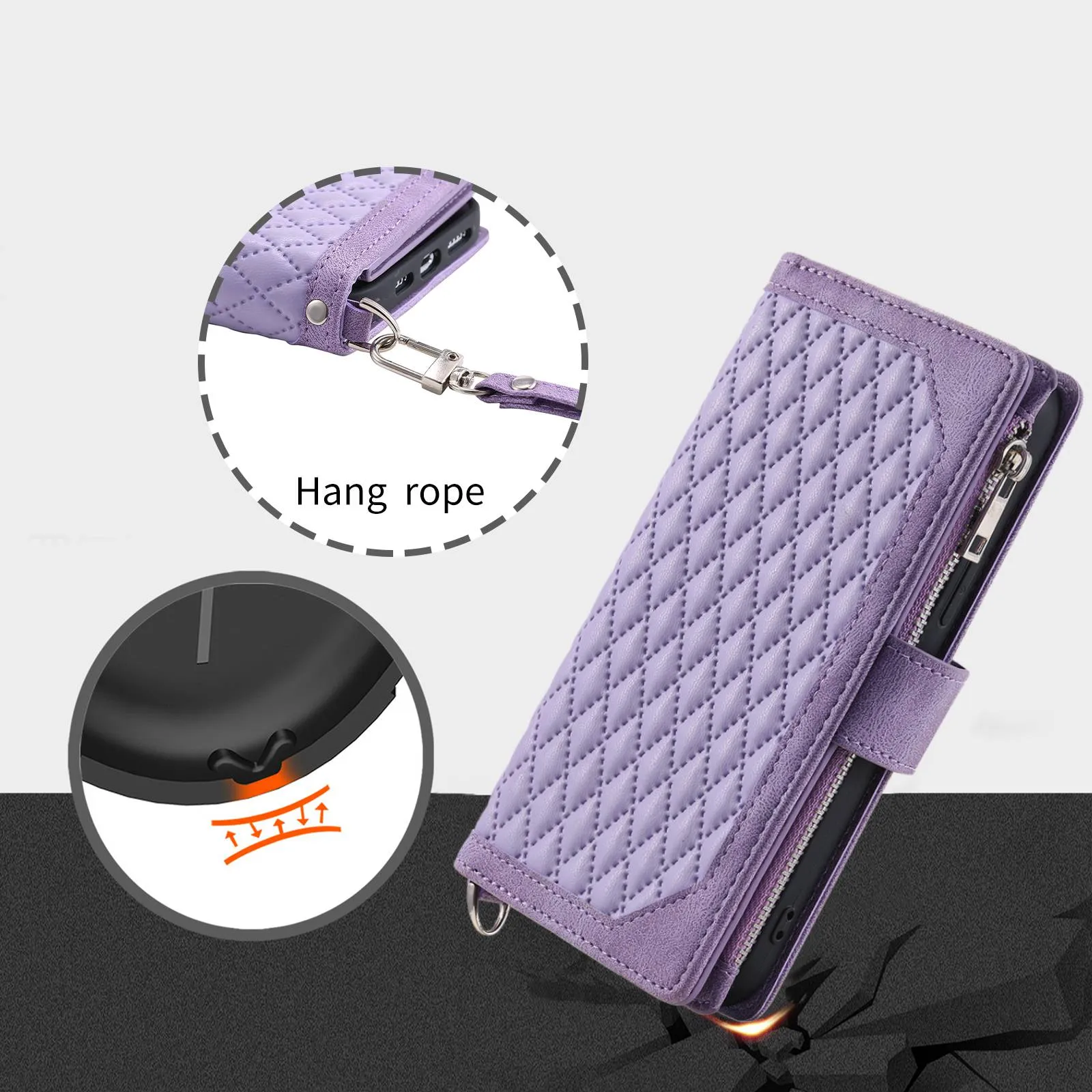 005 Style for Samsung Galaxy S22 5G Stylish Rhombus Texture PU Leather Phone Cover Zipper Pocket Card Cash Holder Shockproof Shell with Wrist Strap