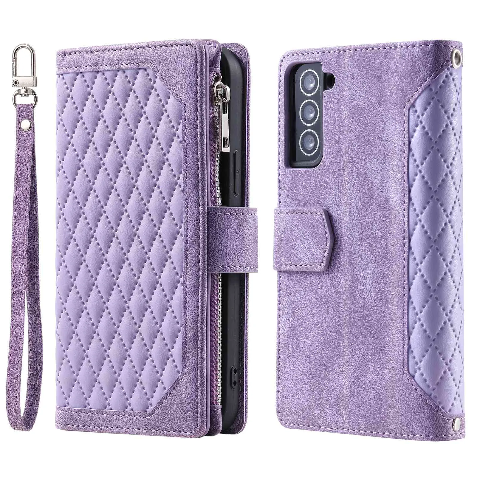 005 Style for Samsung Galaxy S22 5G Stylish Rhombus Texture PU Leather Phone Cover Zipper Pocket Card Cash Holder Shockproof Shell with Wrist Strap