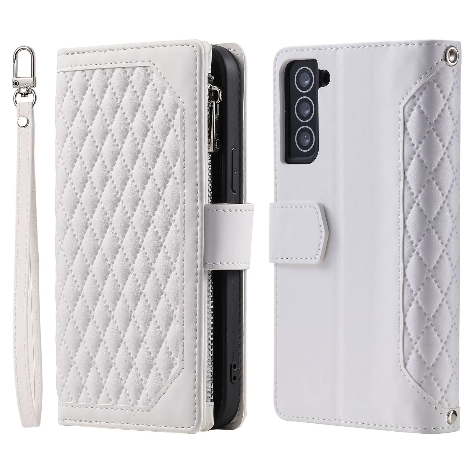 005 Style for Samsung Galaxy S22 5G Stylish Rhombus Texture PU Leather Phone Cover Zipper Pocket Card Cash Holder Shockproof Shell with Wrist Strap