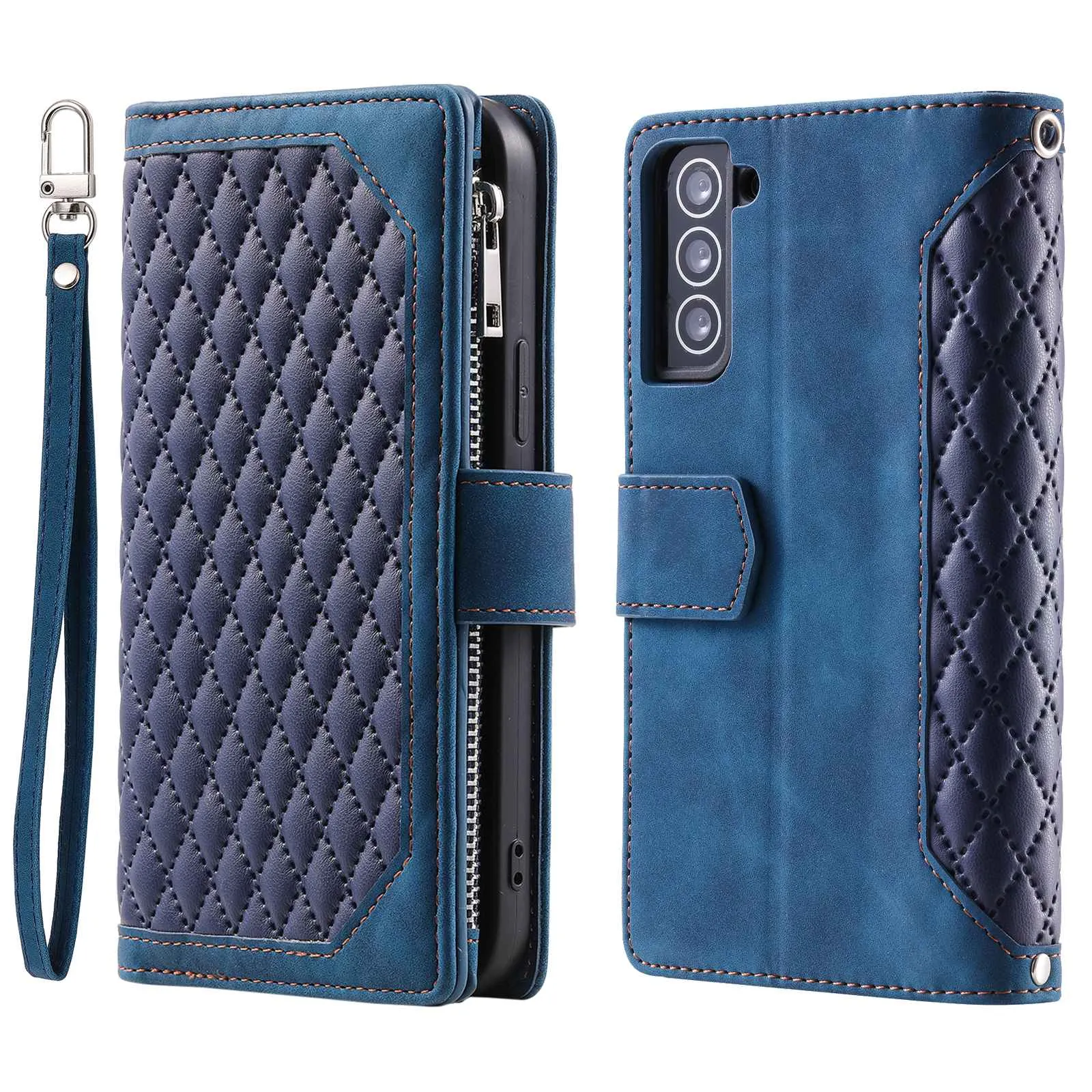 005 Style for Samsung Galaxy S22 5G Stylish Rhombus Texture PU Leather Phone Cover Zipper Pocket Card Cash Holder Shockproof Shell with Wrist Strap