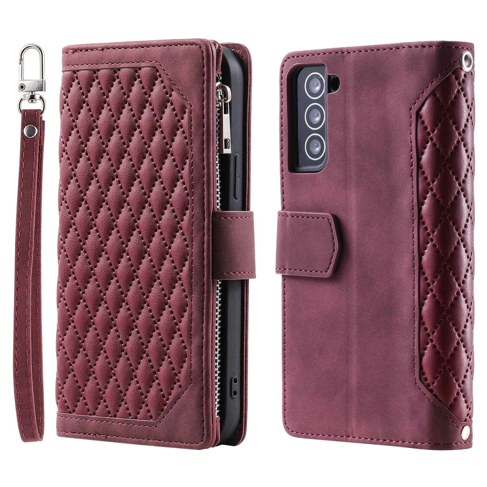 005 Style for Samsung Galaxy S22 5G Stylish Rhombus Texture PU Leather Phone Cover Zipper Pocket Card Cash Holder Shockproof Shell with Wrist Strap