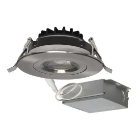 12 watt LED Direct Wire Downlight; Gimbaled; 4 inch; 3000K; 120 volt; Dimmable; Round; Remote Driver; Brushed Nickel