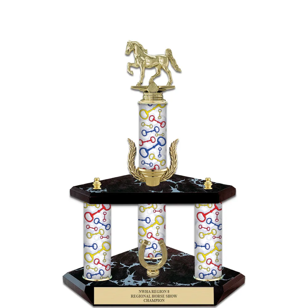 15" Custom 3 Column Black Base Award Trophy With Wreath & Figurine