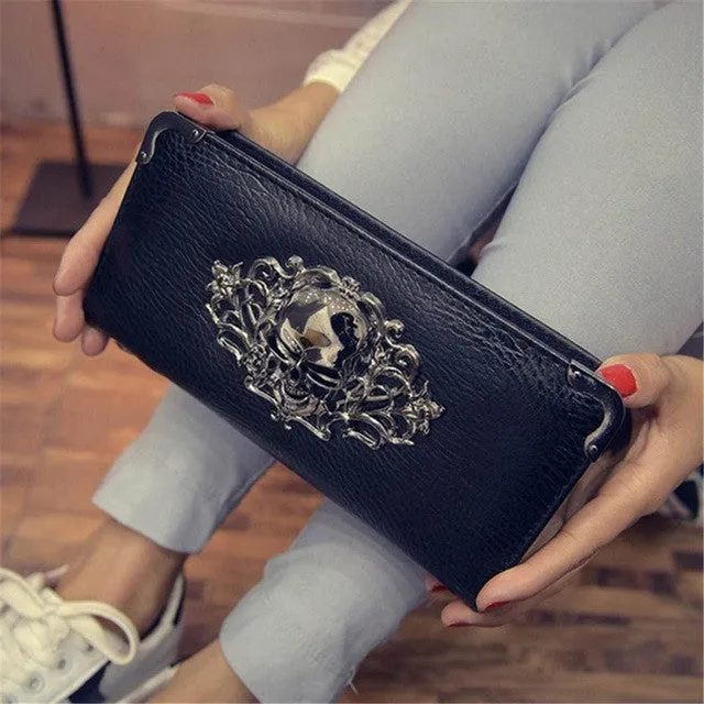 2016 Hot Fashion Metal Skull Pattern PU Leather Long Wallets Women Wallets Portable Casual Lady Cash Purse Card Holder Gift