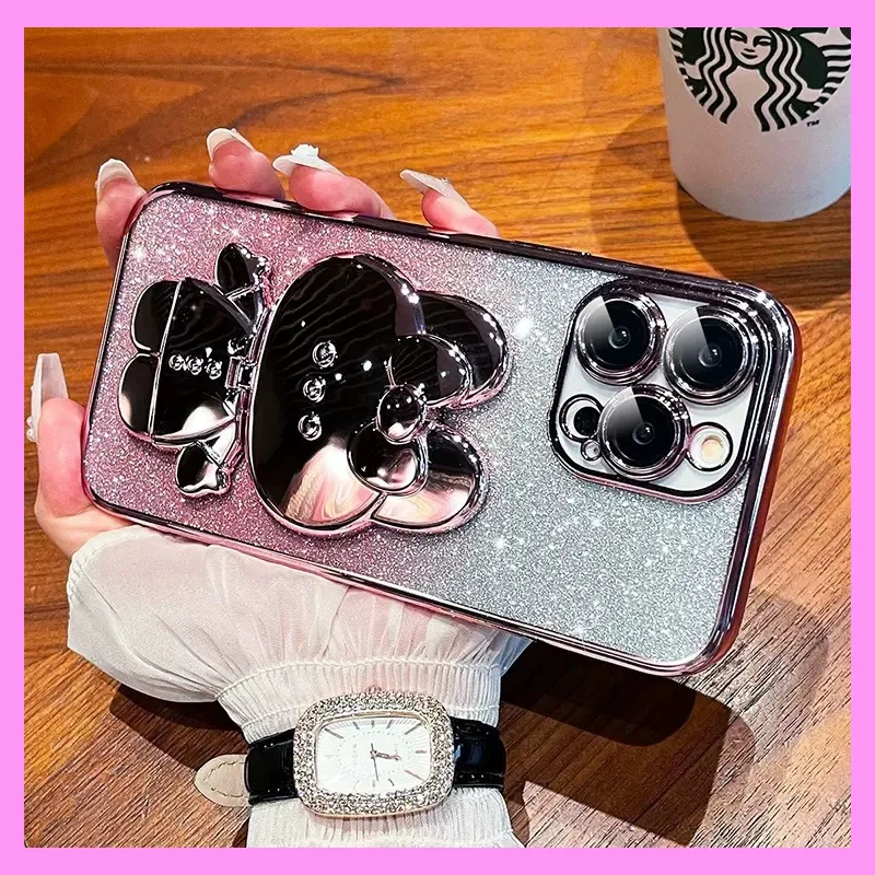 【9-12#】 Rabbit Makeup Mirror Stand Phone Case with Gradient Glitter, Soft iPhone Cover