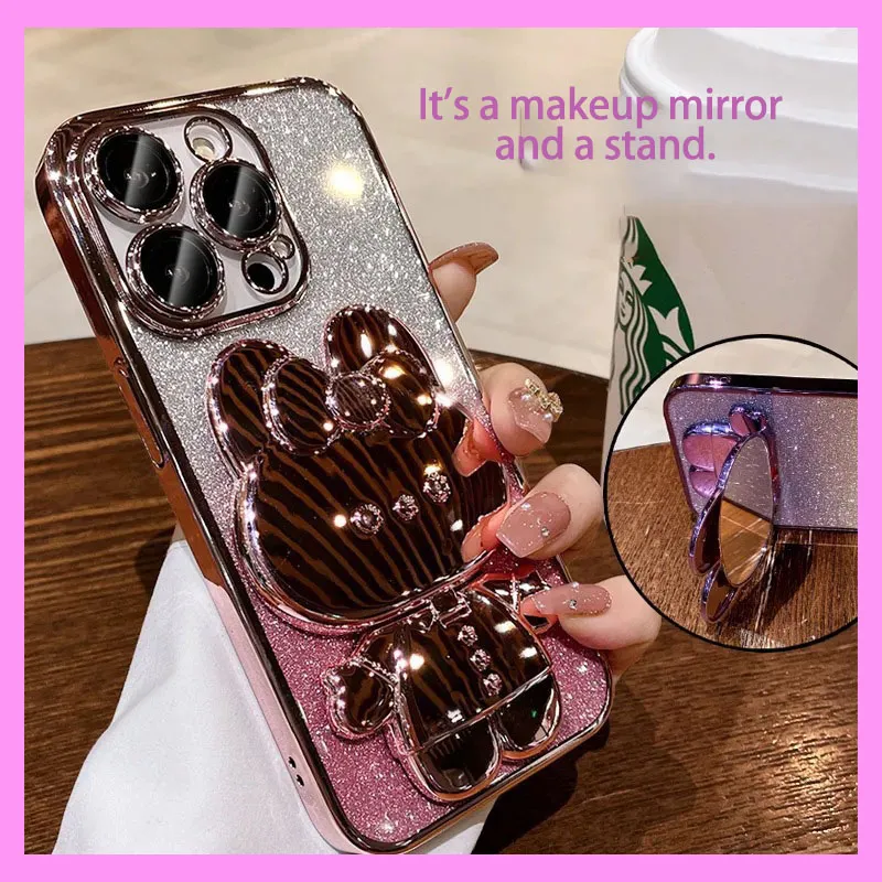 【9-12#】 Rabbit Makeup Mirror Stand Phone Case with Gradient Glitter, Soft iPhone Cover