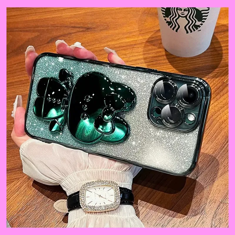 【9-12#】 Rabbit Makeup Mirror Stand Phone Case with Gradient Glitter, Soft iPhone Cover