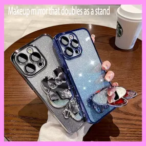 【9-12#】 Rabbit Makeup Mirror Stand Phone Case with Gradient Glitter, Soft iPhone Cover