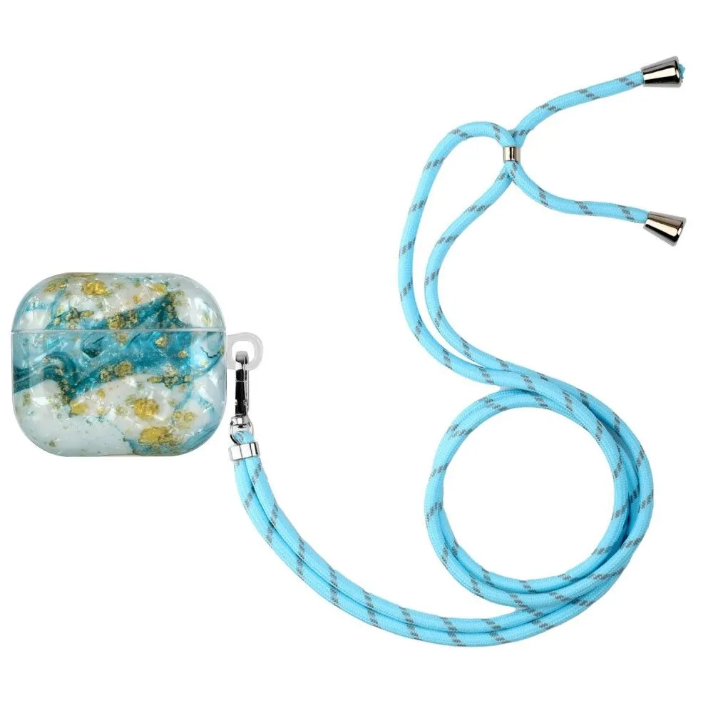 AirPods 3 pattern printing case with lanyard - Blue / Gold Marble