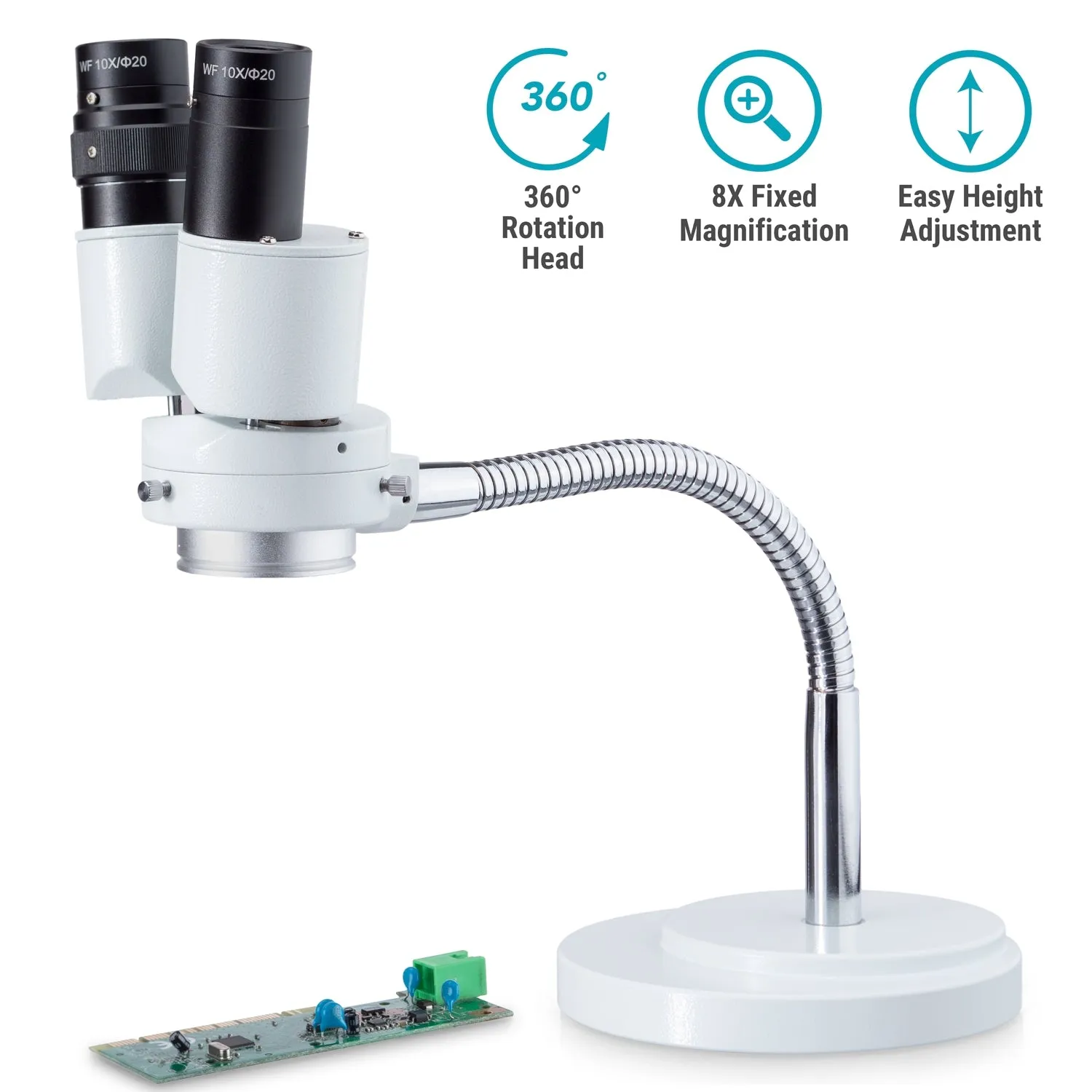 AmScope SE508 Series Binocular Stereo Microscope 8x Magnification on Rotatable Gooseneck Arm