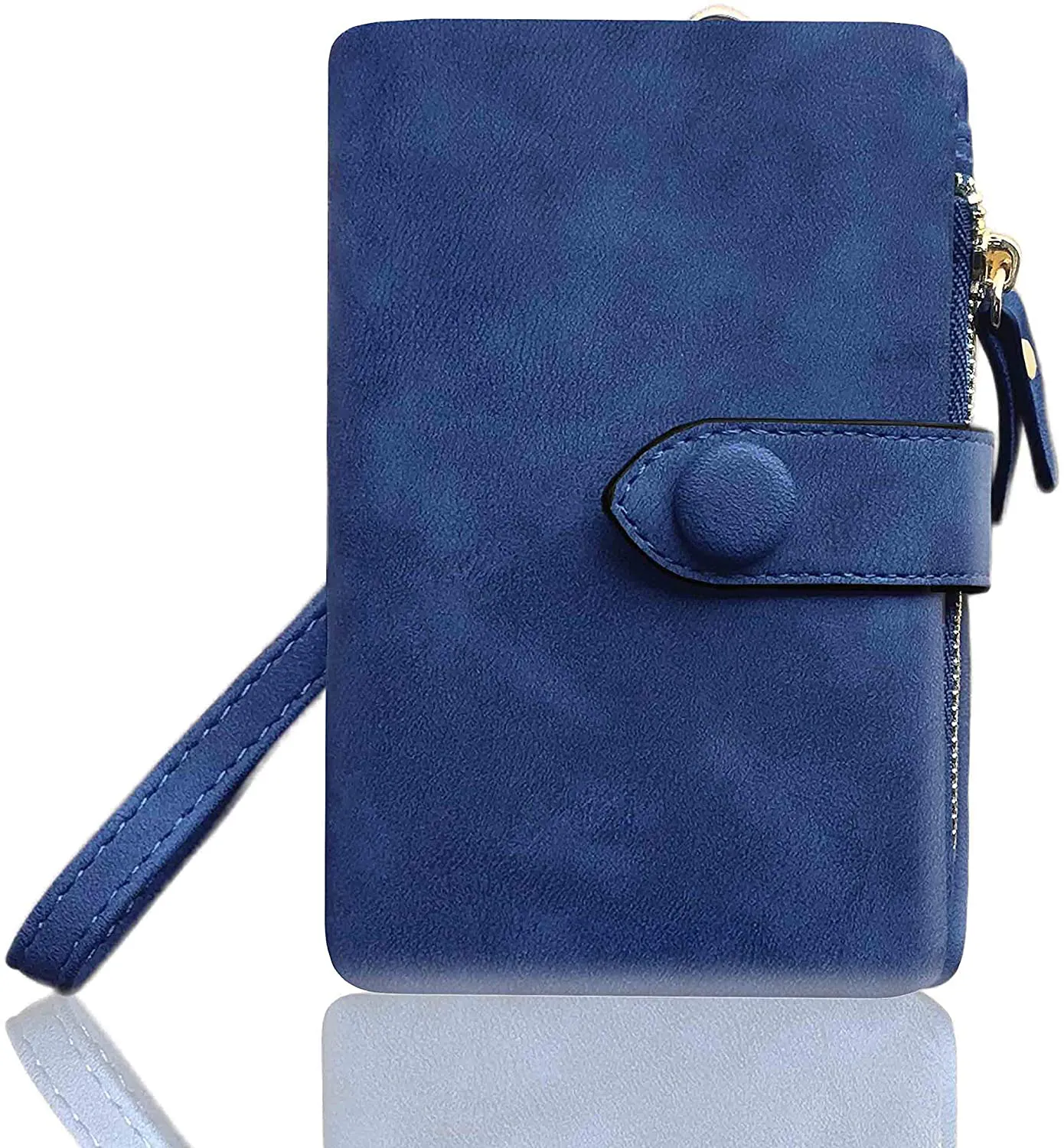 AOXONEL Women's Small Bifold Leather wallet Rfid blocking Ladies Wristlet with Card holder id window Coin Purse (Blue)