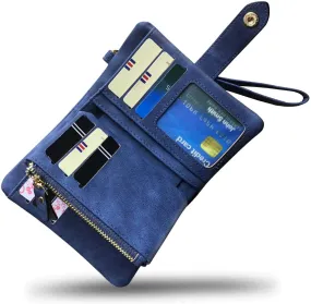 AOXONEL Women's Small Bifold Leather wallet Rfid blocking Ladies Wristlet with Card holder id window Coin Purse (Blue)