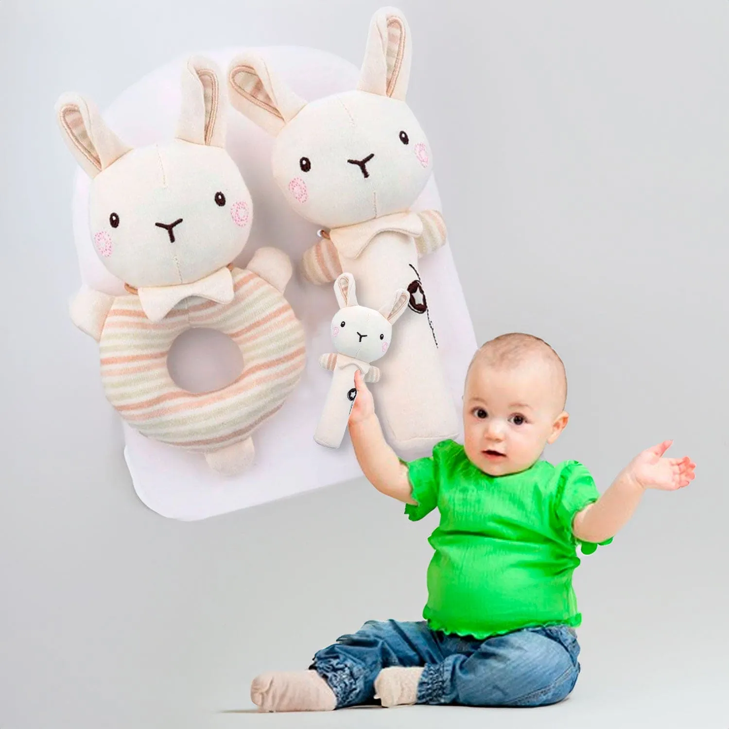 Baby Moo Bunny Bounce 2 Pack Squeaker Handheld Rattle Toy - Cream