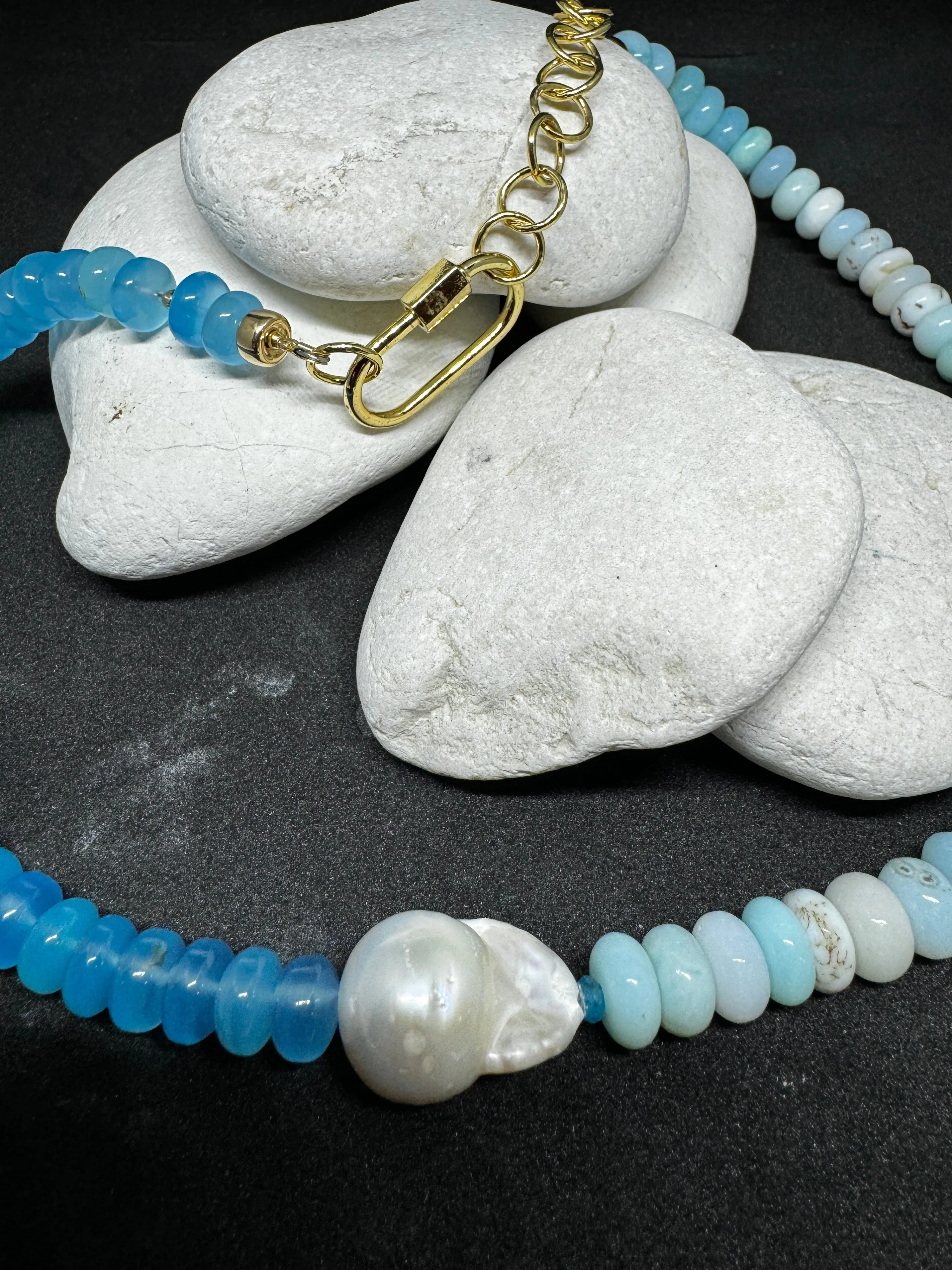 Blue Onyx & Blue Opal Necklace with Baroque Pearl Focal Stone