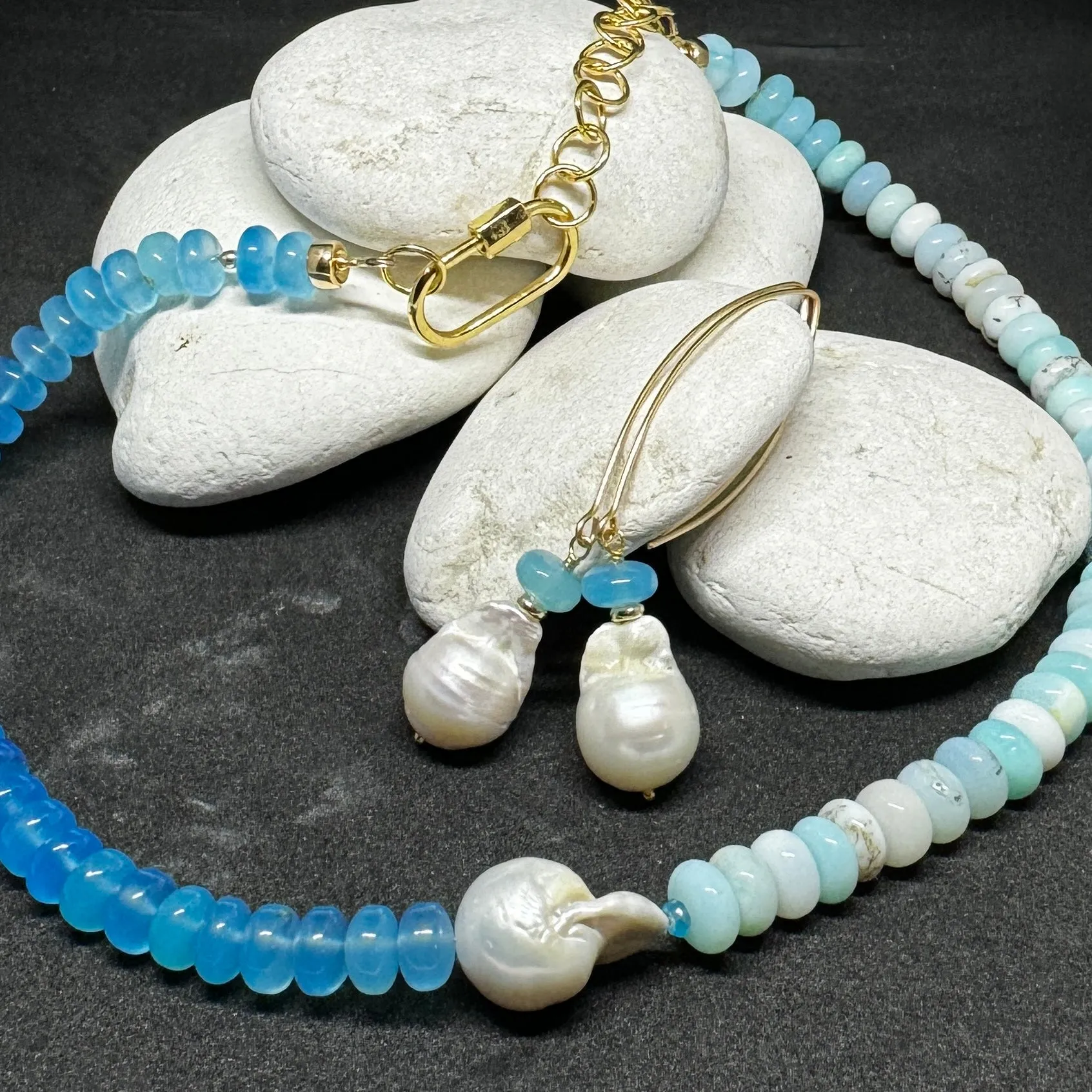 Blue Onyx & Blue Opal Necklace with Baroque Pearl Focal Stone