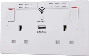 British General Round Edge 13A 2 Gang Switched Socket with Wi-Fi Extender   1x USB-A 2.1A - White