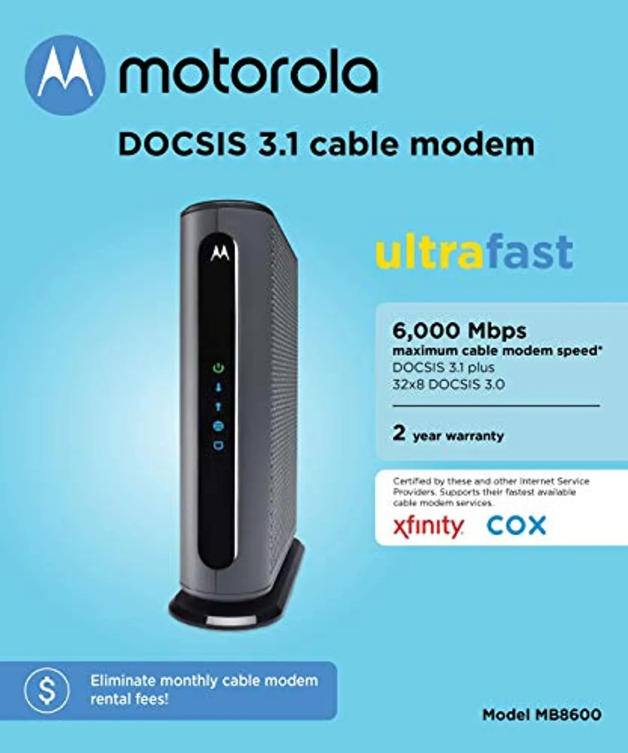 Cable Modem, 6 Gbps Max Speed. Approved for Comcast Xfinity Gigabit, Cox Gigablast, and More, Black