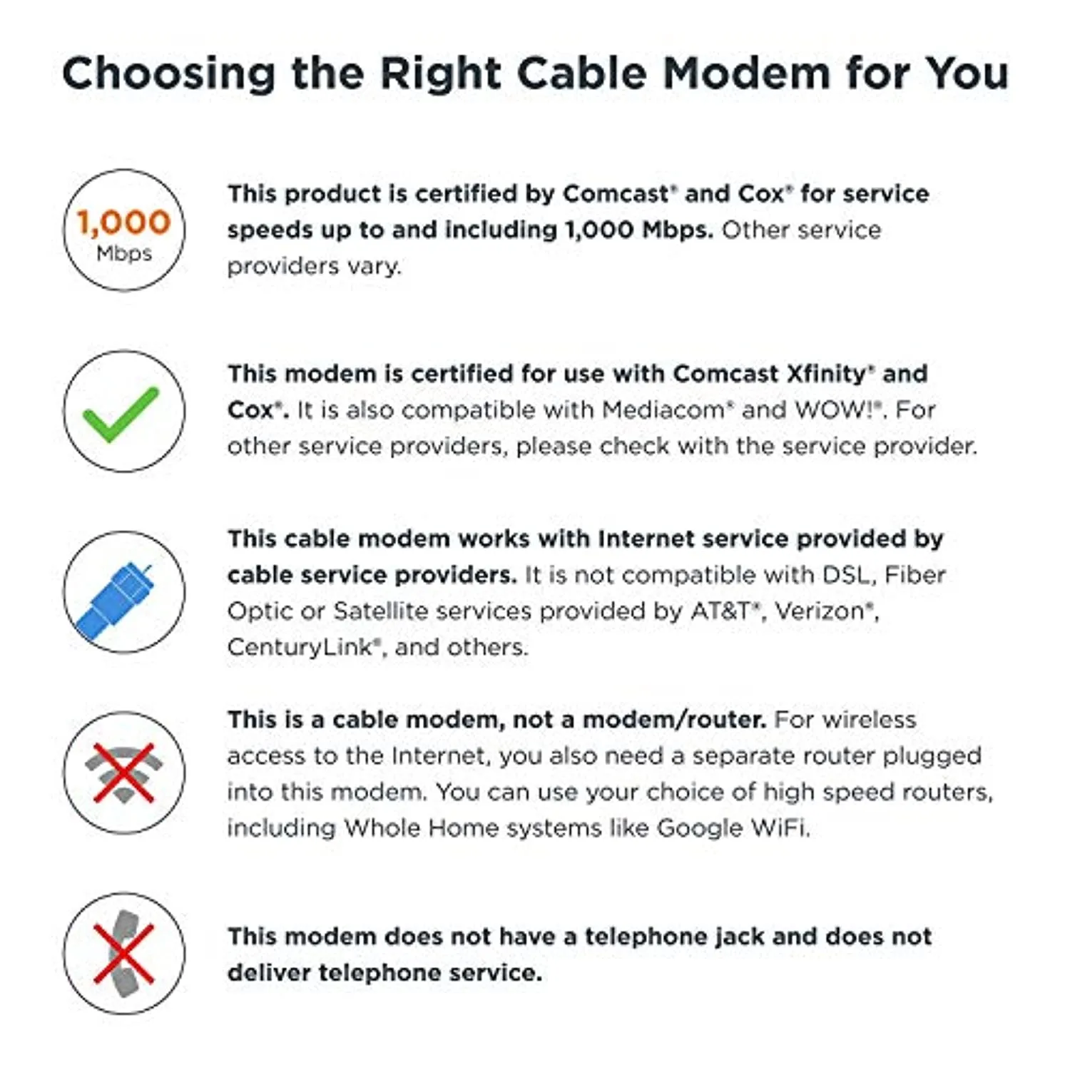 Cable Modem, 6 Gbps Max Speed. Approved for Comcast Xfinity Gigabit, Cox Gigablast, and More, Black