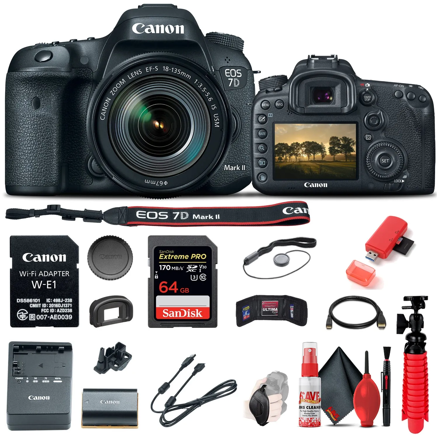 Canon EOS 7D Mark II DSLR Camera W/ 18-135mm f/3.5-5.6 IS USM Lens & W-E1 Base Bundle