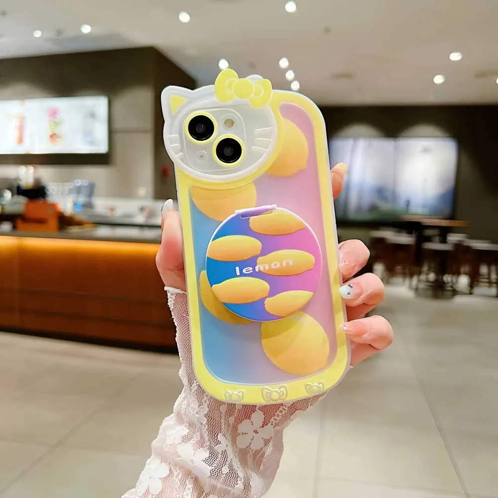 Cartoon Cat Printed TPU Camera Protection Cover with Mirror Stand - iPhone 15 Pro Max