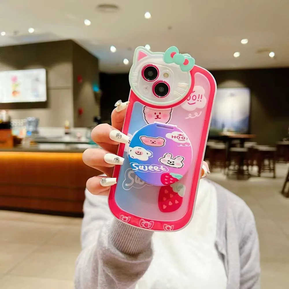 Cartoon Cat Printed TPU Camera Protection Cover with Mirror Stand - iPhone 15 Pro Max