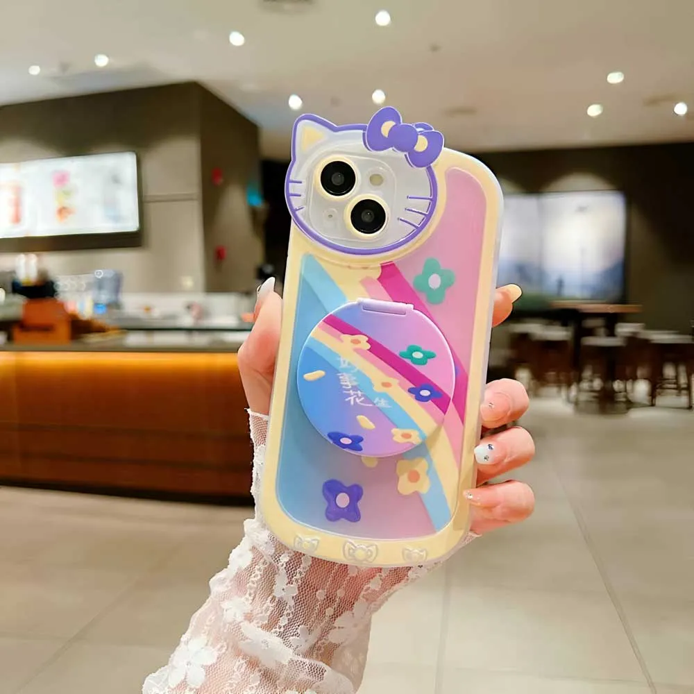 Cartoon Cat Printed TPU Camera Protection Cover with Mirror Stand - iPhone 15 Pro Max