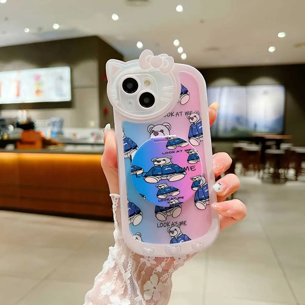 Cartoon Cat Printed TPU Camera Protection Cover with Mirror Stand - iPhone 15 Pro Max