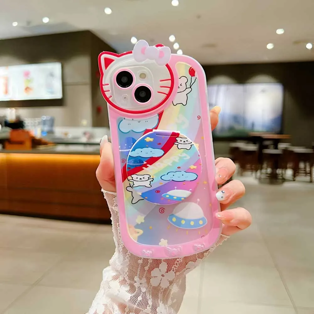 Cartoon Cat Printed TPU Camera Protection Cover with Mirror Stand - iPhone 15 Pro Max