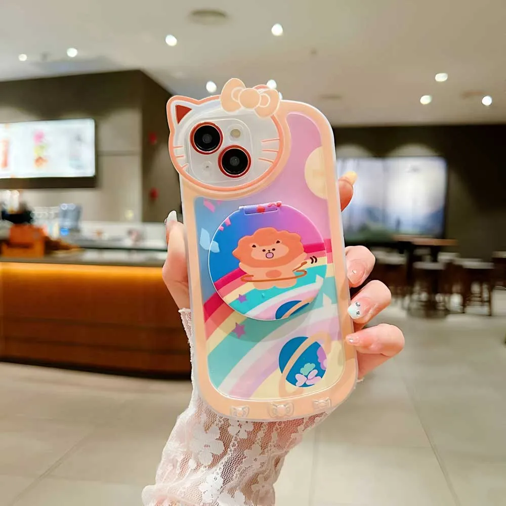 Cartoon Cat Printed TPU Camera Protection Cover with Mirror Stand - iPhone 15 Pro Max