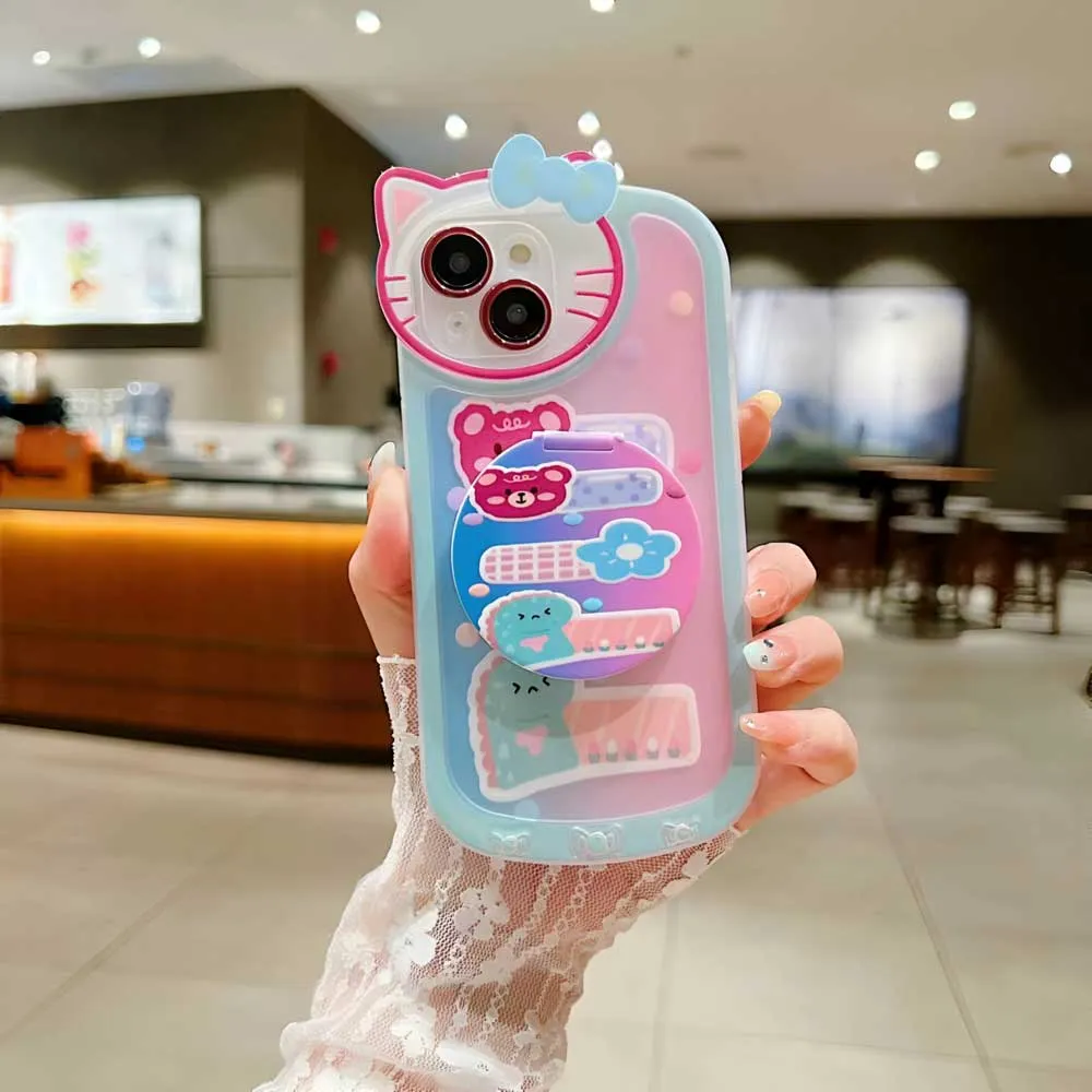 Cartoon Cat Printed TPU Camera Protection Cover with Mirror Stand - iPhone 15 Pro Max